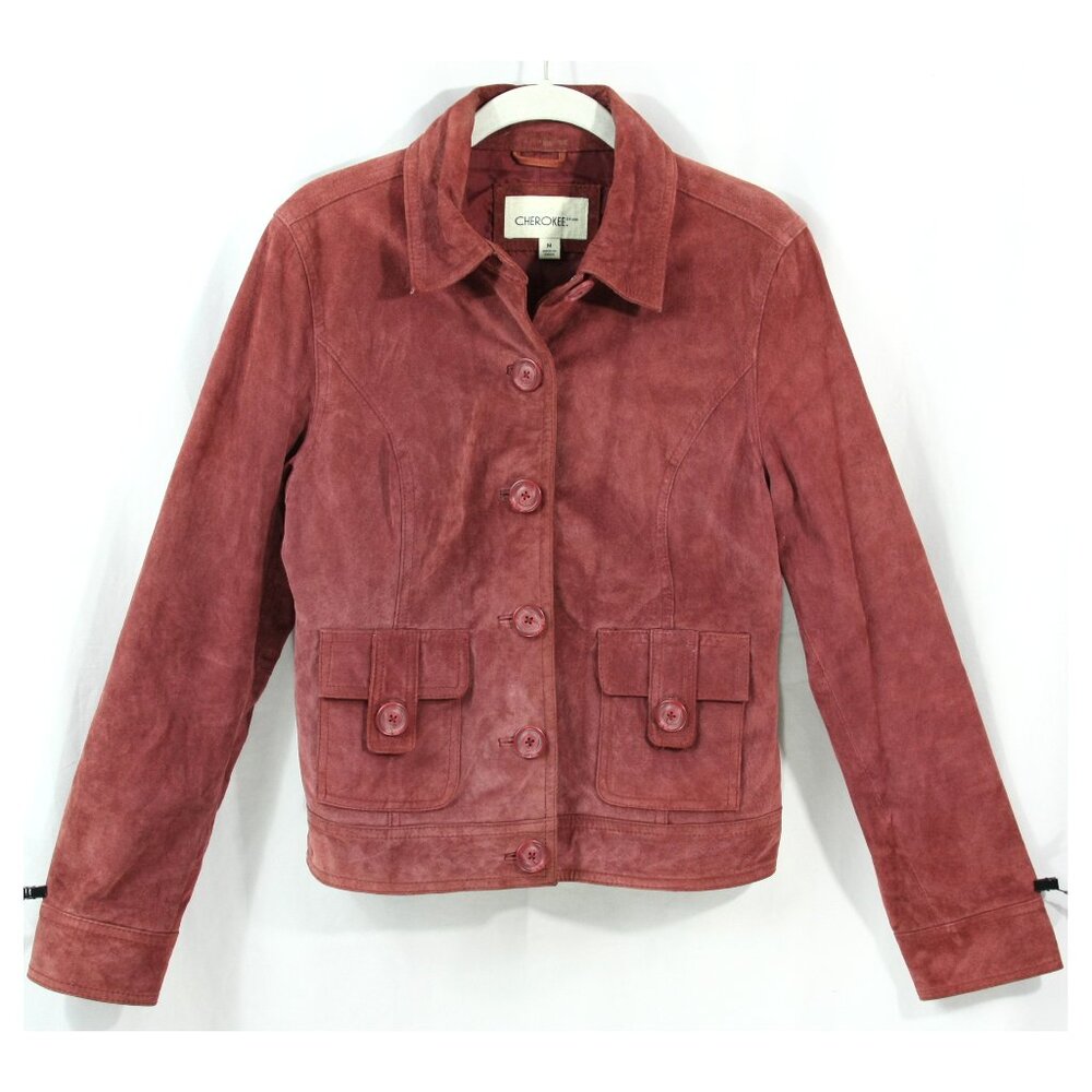 Cherokee Suede Leather Button Front Jacket Coat w Pockets Maroon M Casual Grunge
